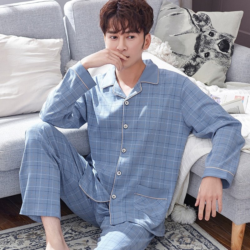 Men's Plaid Patterned Pajama Set Men's Clothing Color : Blue Plaid|Blue Gray Plaid|Square Gray Plaid|Square Blue Plaid|Vertical Stripes 