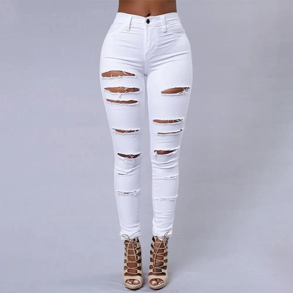 Women Casual Trousers Stylish Women's Ripped Jeans High-waisted Slim Fit Soft Stretchy Denim for Casual Commute Ankle-length