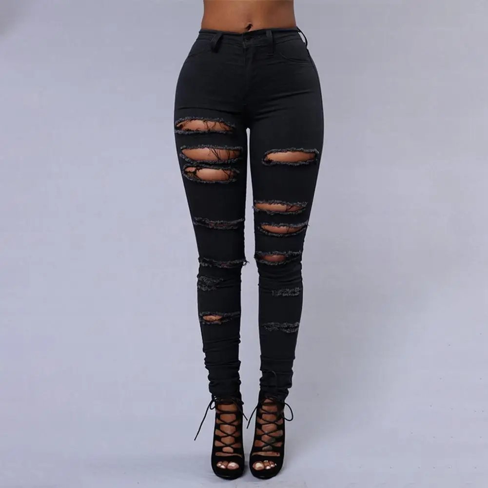 Women Casual Trousers Stylish Women's Ripped Jeans High-waisted Slim Fit Soft Stretchy Denim for Casual Commute Ankle-length