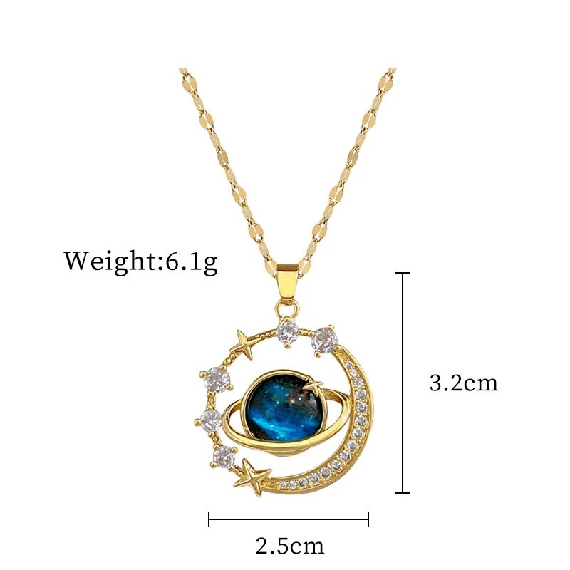 Stainless Steel Zircon Planet Star Pendant Necklace For Women Girl Elegant Aesthetic Clavicle Chain Necklace Jewelry Party Gift