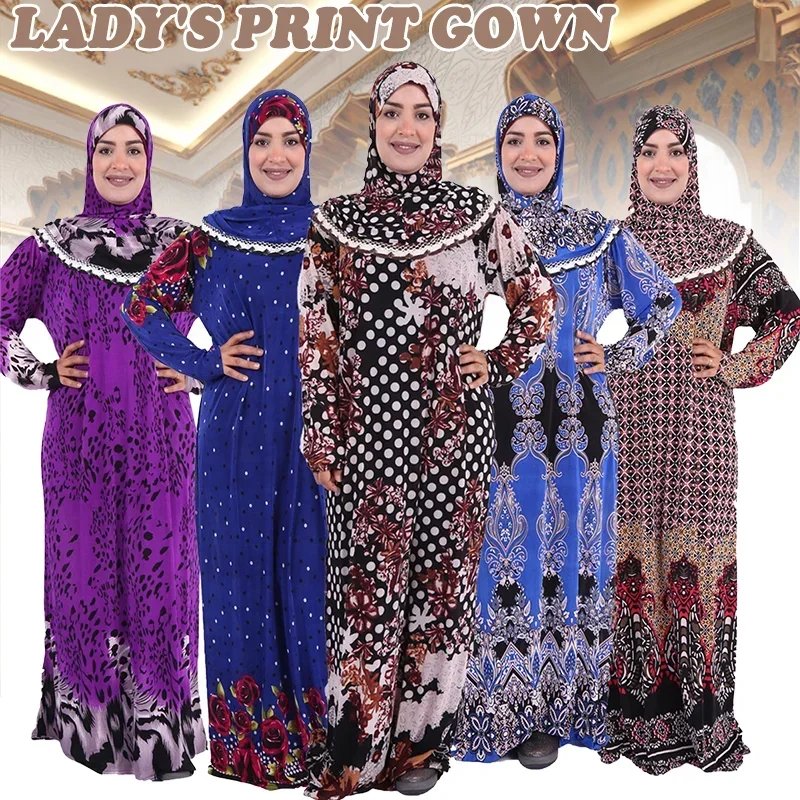 Muslim Hijab Clothes Women Printed Robe Arab Dubai Kaftan Turkey Long Sleeve Prayer Maxi Dress Islamic Abaya Robe