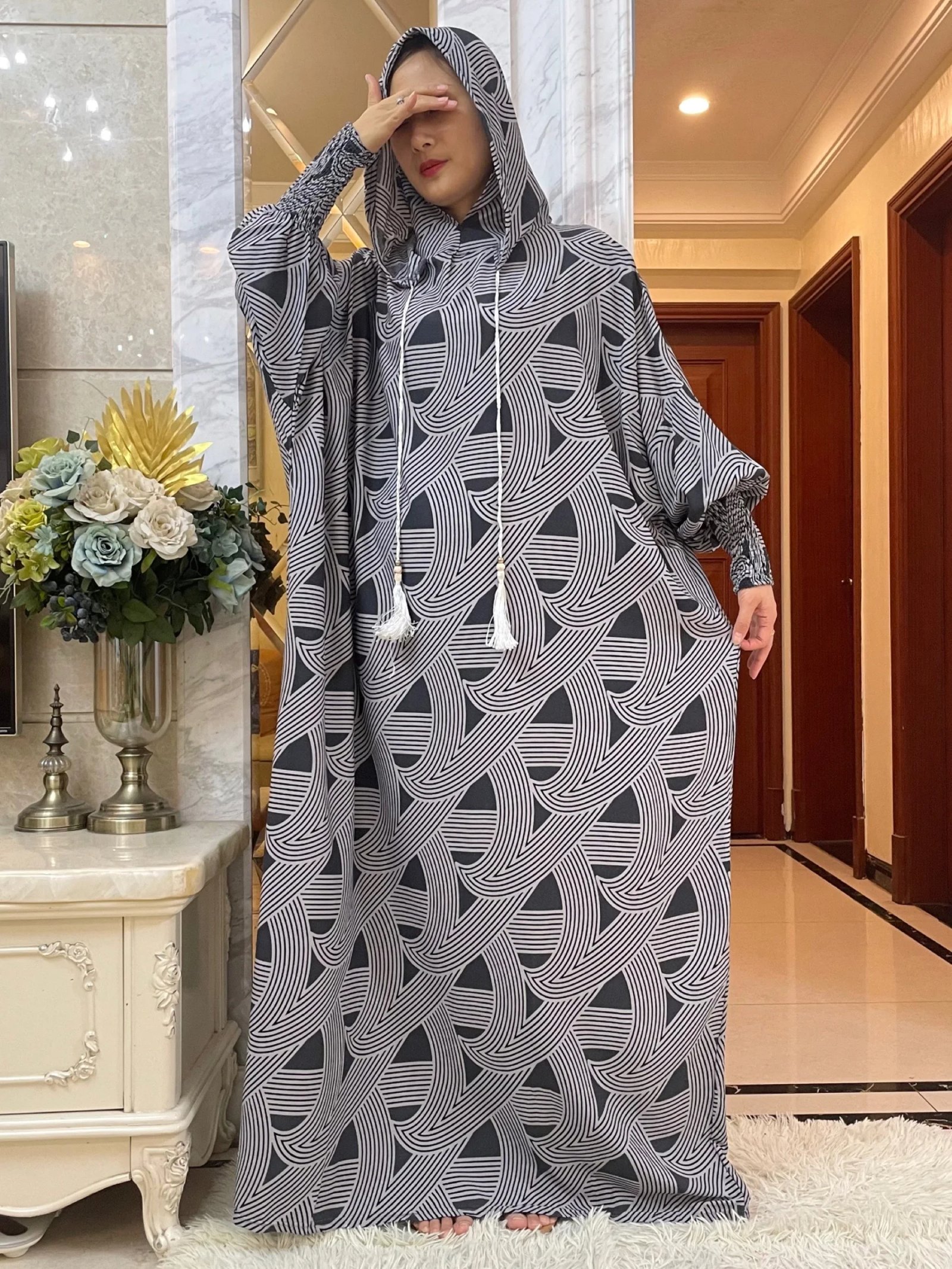 New Muslim Long Sleeve Women Abaya Eid Hooded Two Hats CottonDress Turkey Kaftan Arab Robe Islamic Overhead Hijab Dubai Clothing