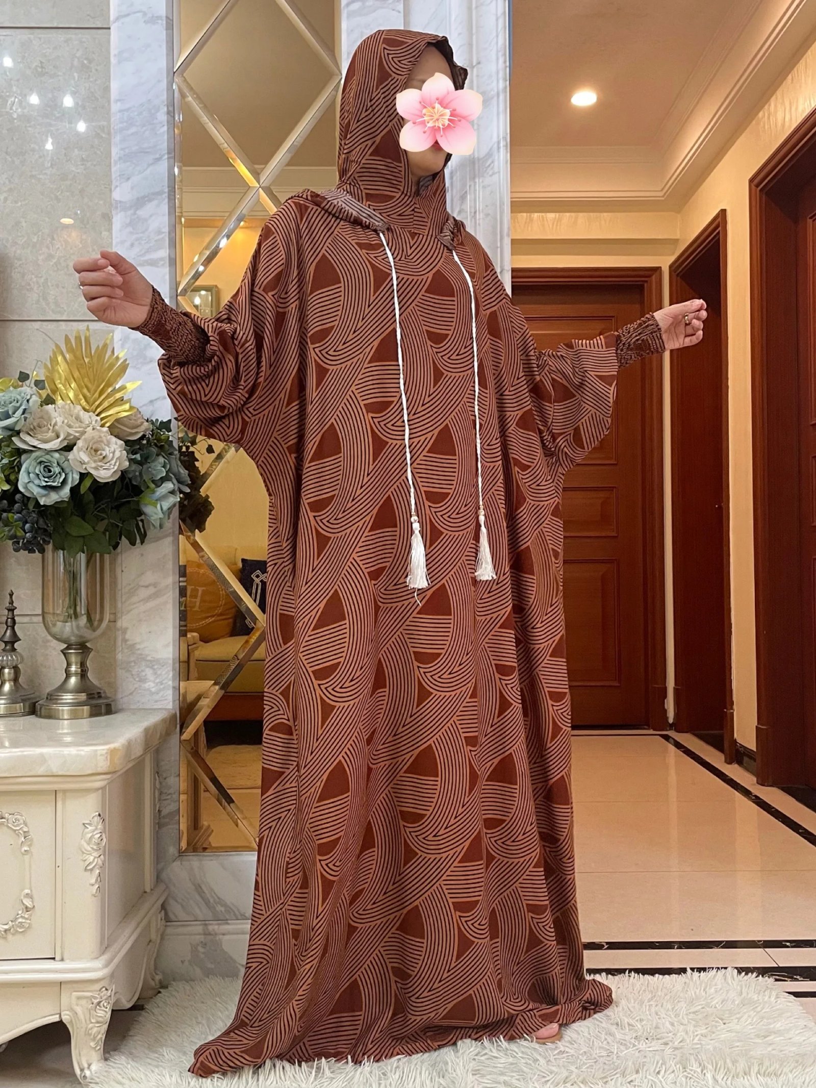 New Muslim Long Sleeve Women Abaya Eid Hooded Two Hats CottonDress Turkey Kaftan Arab Robe Islamic Overhead Hijab Dubai Clothing