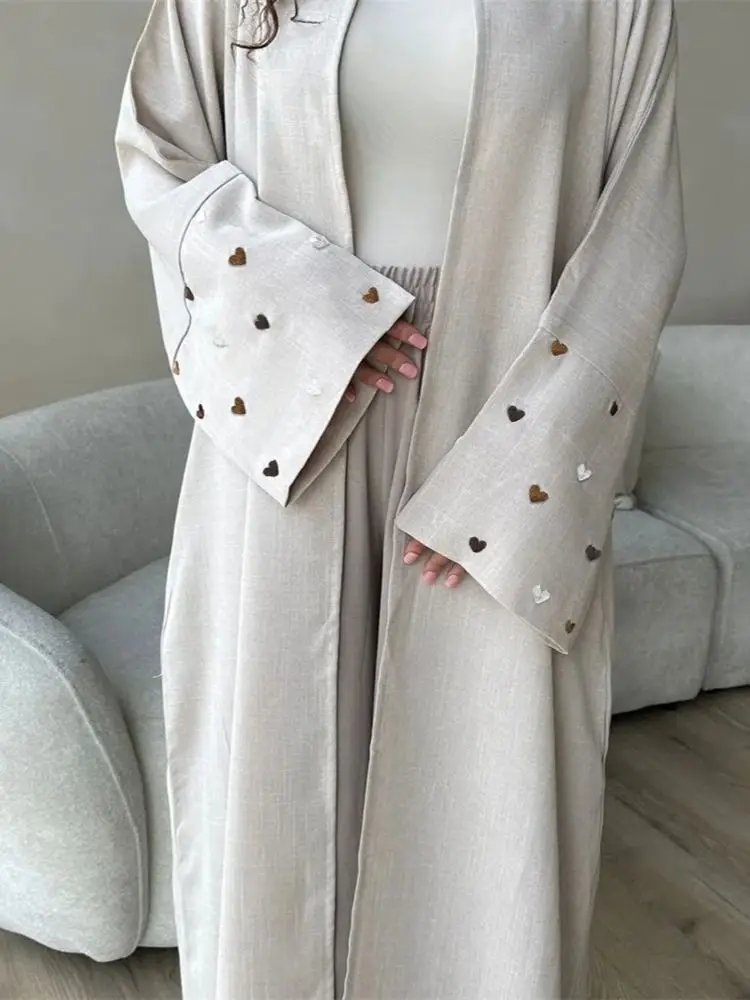 Ramadan Prayer Dubai Linen Heart Sleeve Abaya Kimono Kebaya Turkey Islam Muslim Modest Dress Women Kaftans Robe Femme Musulmane