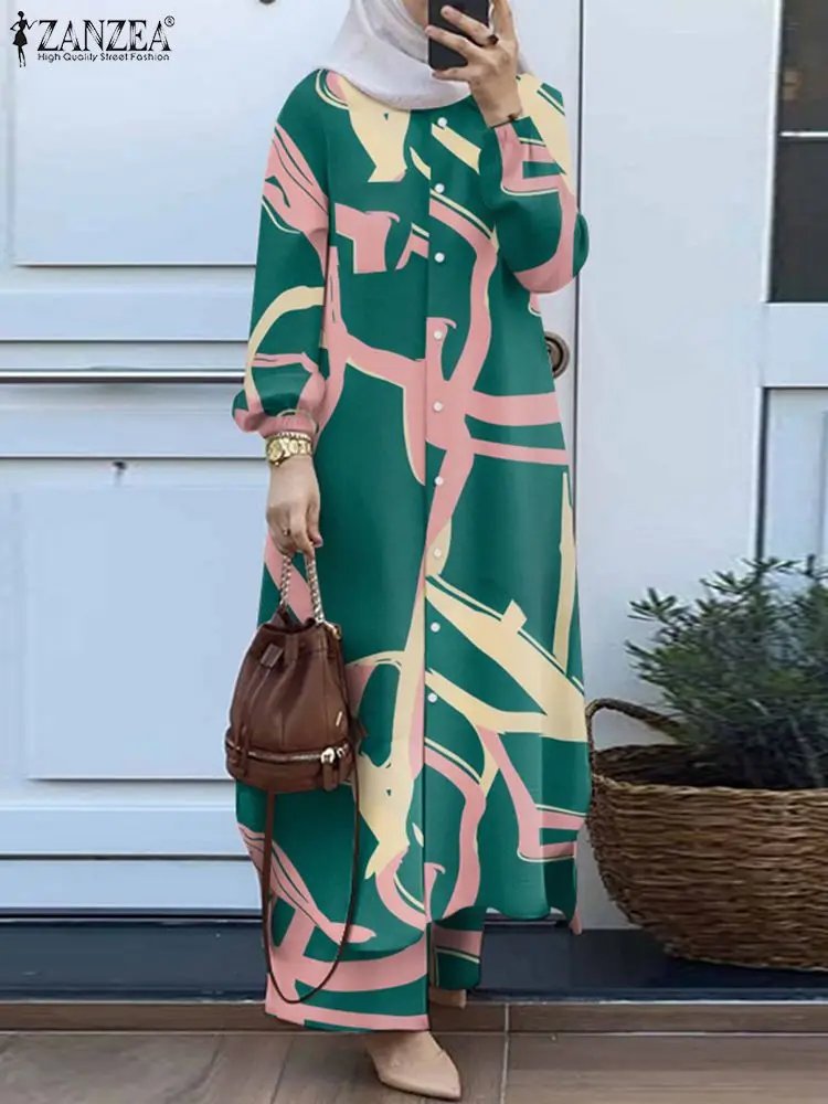 Autumn Printed Muslim Sets Women Long Tops & Wide Leg Pants ZANZEA Casual Loose Matching Sets Turkey Dubai Outifits Abaya Suit