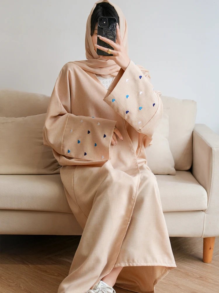 Ramadan Prayer Dubai Linen Heart Sleeve Abaya Kimono Kebaya Turkey Islam Muslim Modest Dress Women Kaftans Robe Femme Musulmane