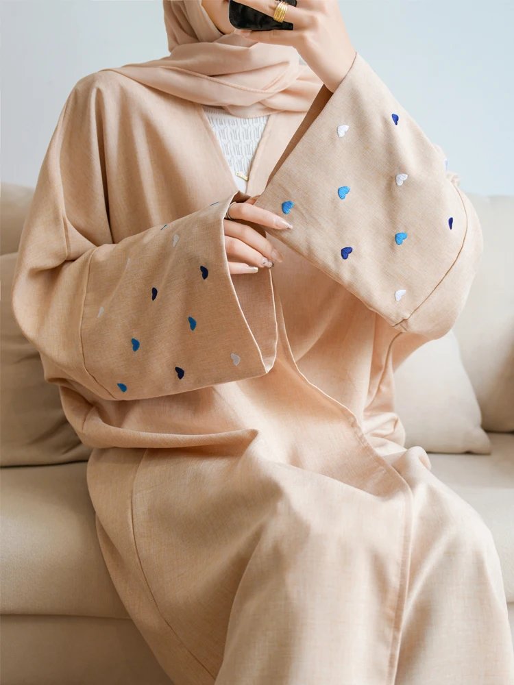 Ramadan Prayer Dubai Linen Heart Sleeve Abaya Kimono Kebaya Turkey Islam Muslim Modest Dress Women Kaftans Robe Femme Musulmane