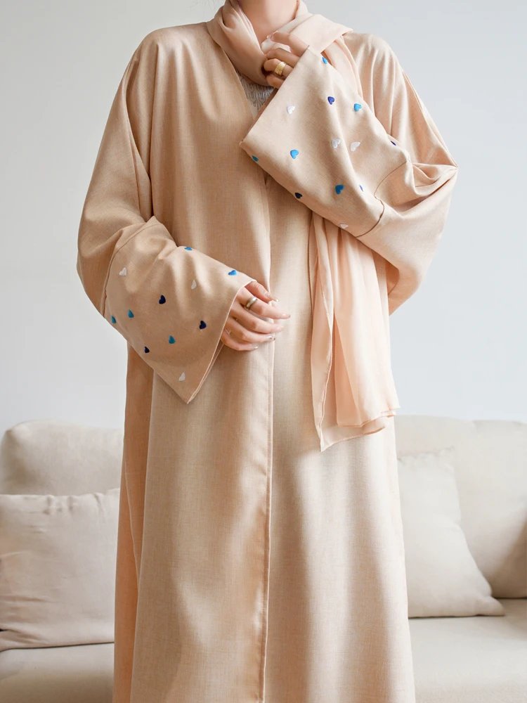 Ramadan Prayer Dubai Linen Heart Sleeve Abaya Kimono Kebaya Turkey Islam Muslim Modest Dress Women Kaftans Robe Femme Musulmane