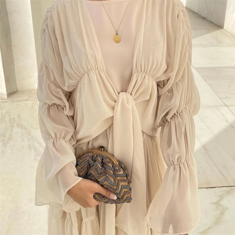 Ramadan Eid Tunic Puff Sleeve Cardigan Muslim Abayas Kimono Musulmane Dubai Fashion Muslim Dress Arab Worship Service wy701