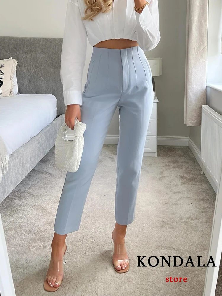 KONDALA Women Light Blue Chic Fashion Office Wear Straight Pants Vintage High Waist Zipper Fly Female Trousers Fashion 2024