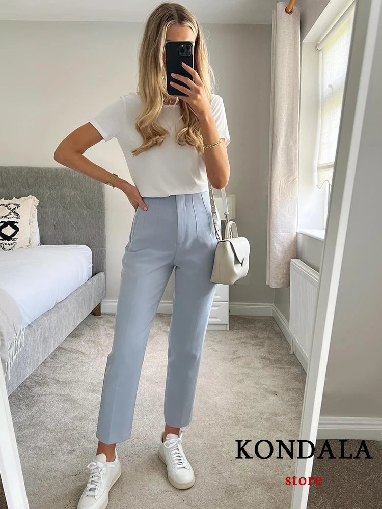 KONDALA Women Light Blue Chic Fashion Office Wear Straight Pants Vintage High Waist Zipper Fly Female Trousers Fashion 2024