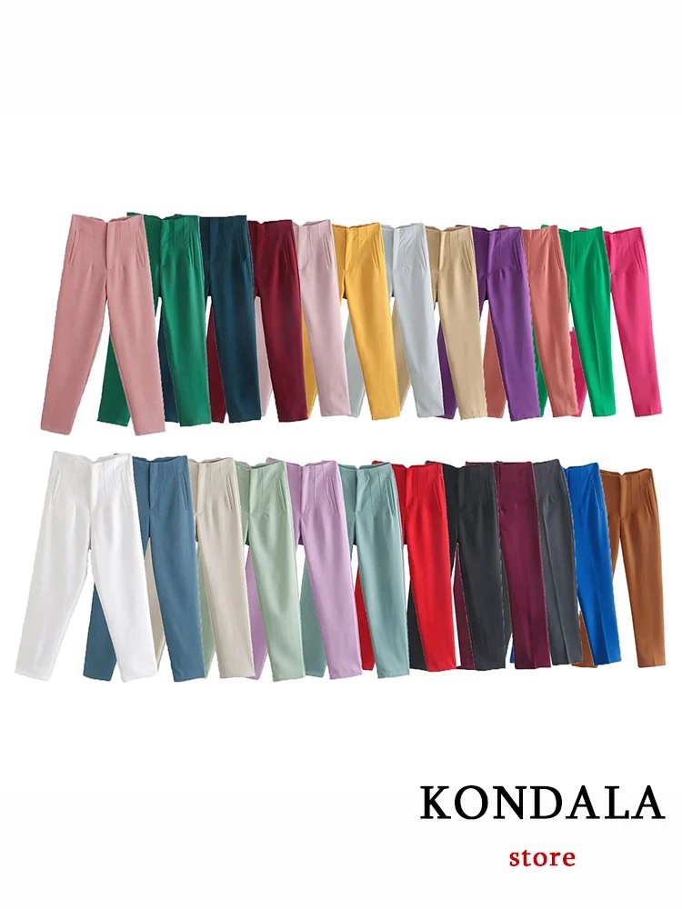 KONDALA Women Light Blue Chic Fashion Office Wear Straight Pants Vintage High Waist Zipper Fly Female Trousers Fashion 2024