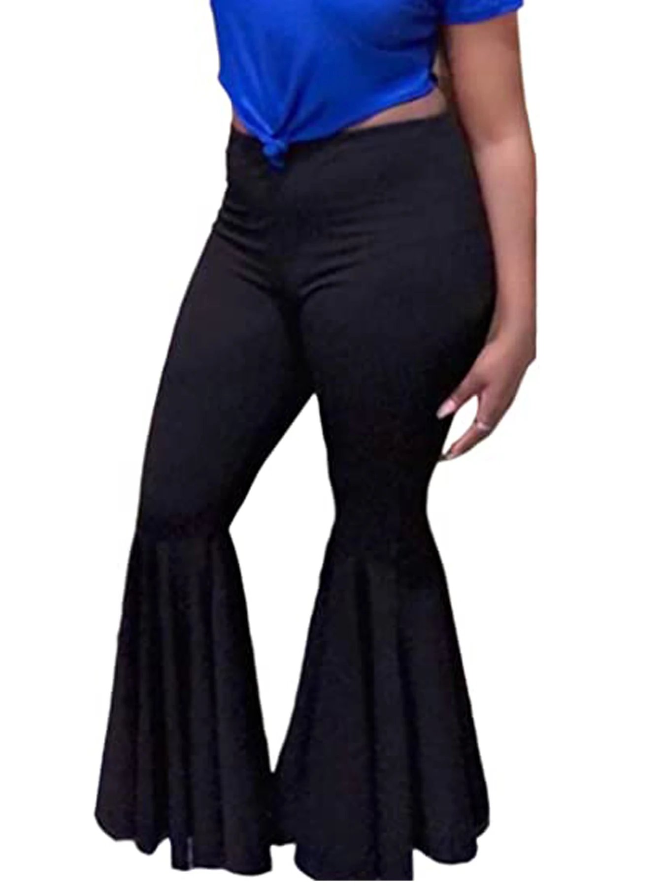 New plus-size women's trendy bell-bottomed trousers knitted fabric solid color trousers in the summer of 2023