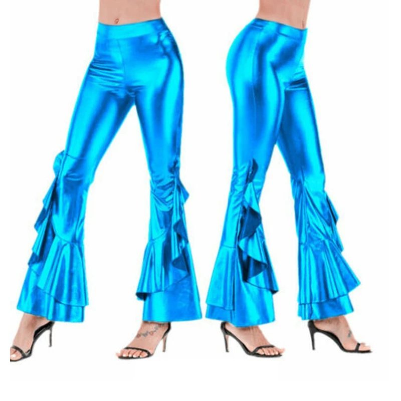 Women Shiny Flare Trousers Laser Metallic Wetlook Ruffle Wide Leg Pants Retro 70s Disco Hippie Club Trousers Skinny Bell Bottoms