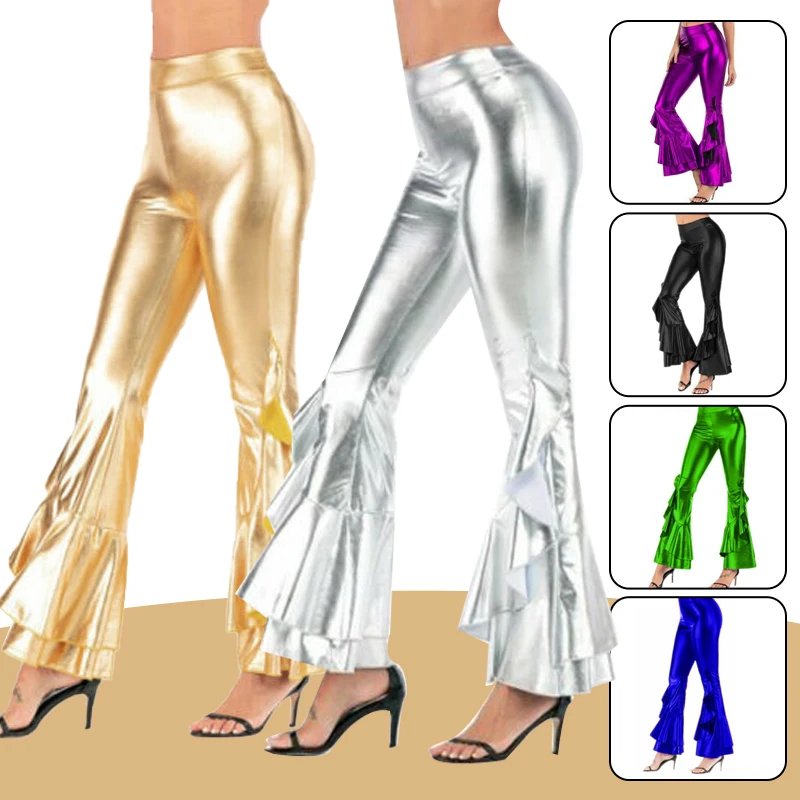 Women Shiny Flare Trousers Laser Metallic Wetlook Ruffle Wide Leg Pants Retro 70s Disco Hippie Club Trousers Skinny Bell Bottoms
