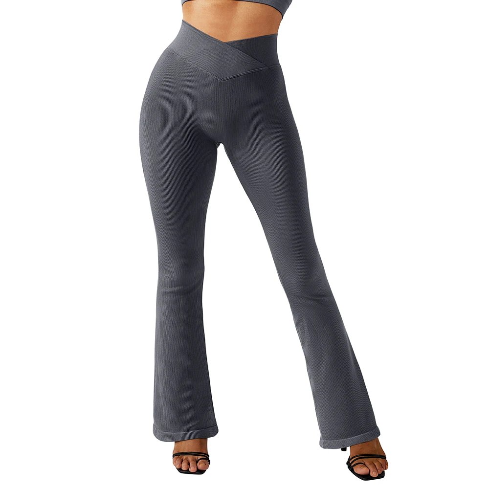 Flared Leggings Ribbed Crossover V Waist Women's Yoga Pants Control Tummy High Waist Wide Leg Pants Casual Flare Pants Female