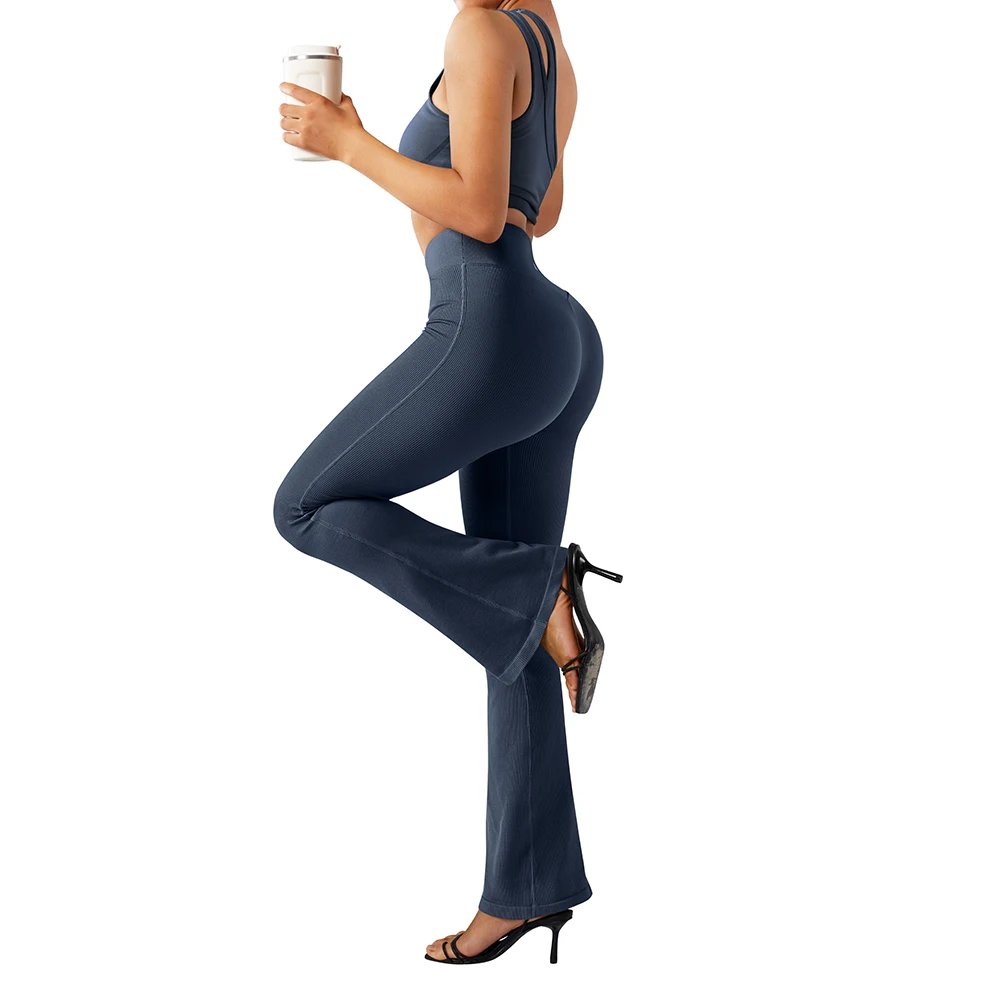 Flared Leggings Ribbed Crossover V Waist Women's Yoga Pants Control Tummy High Waist Wide Leg Pants Casual Flare Pants Female