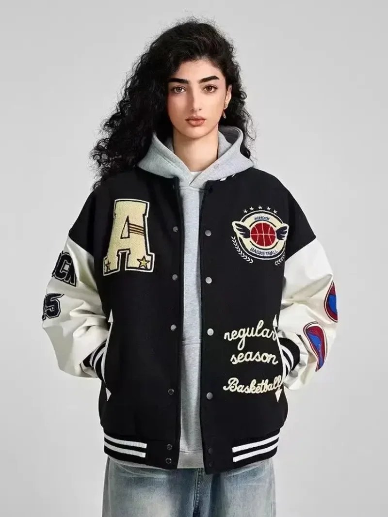 VIntage Varsity Jackets Men Spring Baseball Aviator Jackets Embroidery Spliced PU Leather Sleeves Autumn Women Bomber Coat