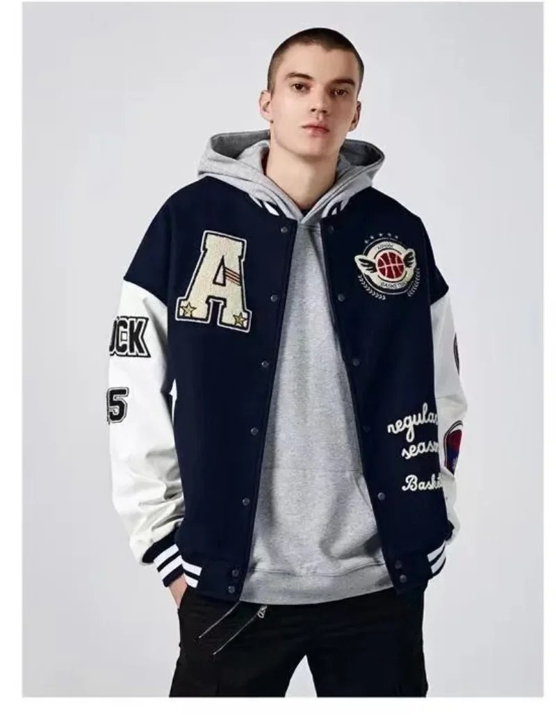VIntage Varsity Jackets Men Spring Baseball Aviator Jackets Embroidery Spliced PU Leather Sleeves Autumn Women Bomber Coat