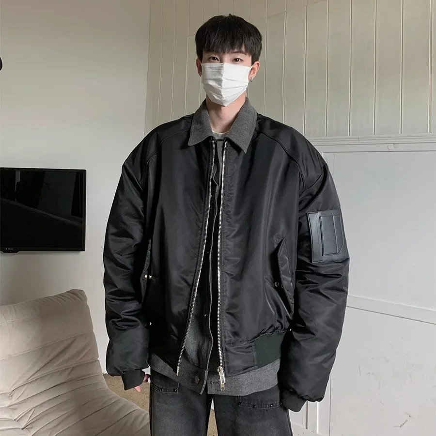 Winter High-end Feeling Denim Patchwork Two-piece Illusion Bomber Jacket Loose Fit Street Style Cotton Padded Coat For Men
