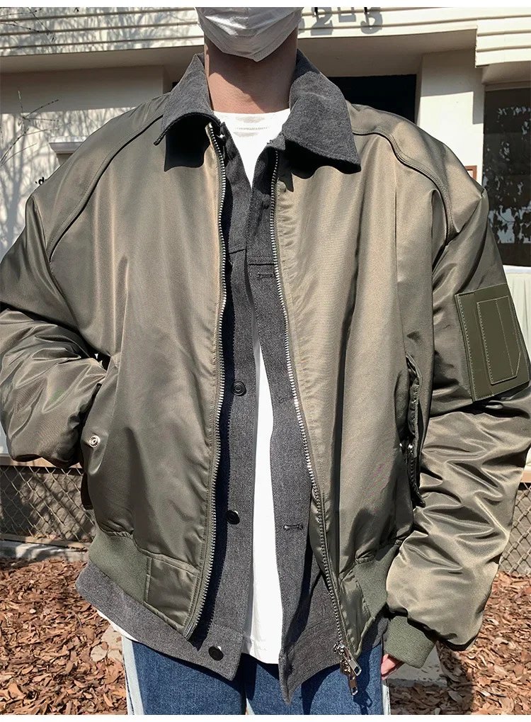 Winter High-end Feeling Denim Patchwork Two-piece Illusion Bomber Jacket Loose Fit Street Style Cotton Padded Coat For Men Winter High-end Feeling Denim Patchwork Two-piece Illusion Bomber Jacket Loose Fit Street Style Cotton Padded Coat For Men