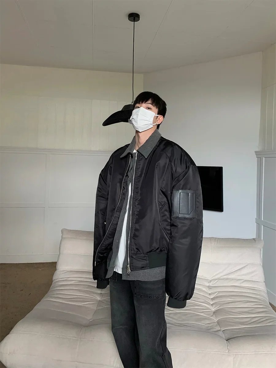 Winter High-end Feeling Denim Patchwork Two-piece Illusion Bomber Jacket Loose Fit Street Style Cotton Padded Coat For Men