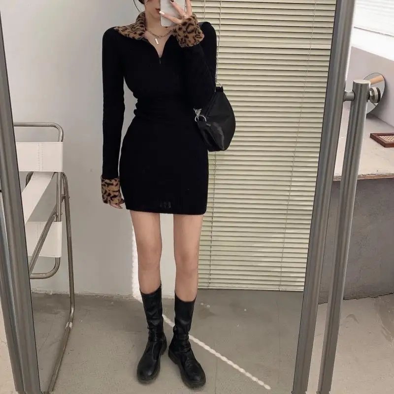 Y2K Leopard Print Mini Dress Autumn Long Sleeve Polo Neck Slim Patchwork Temperament A-line Skirt Vintage Fashion Women Clothing