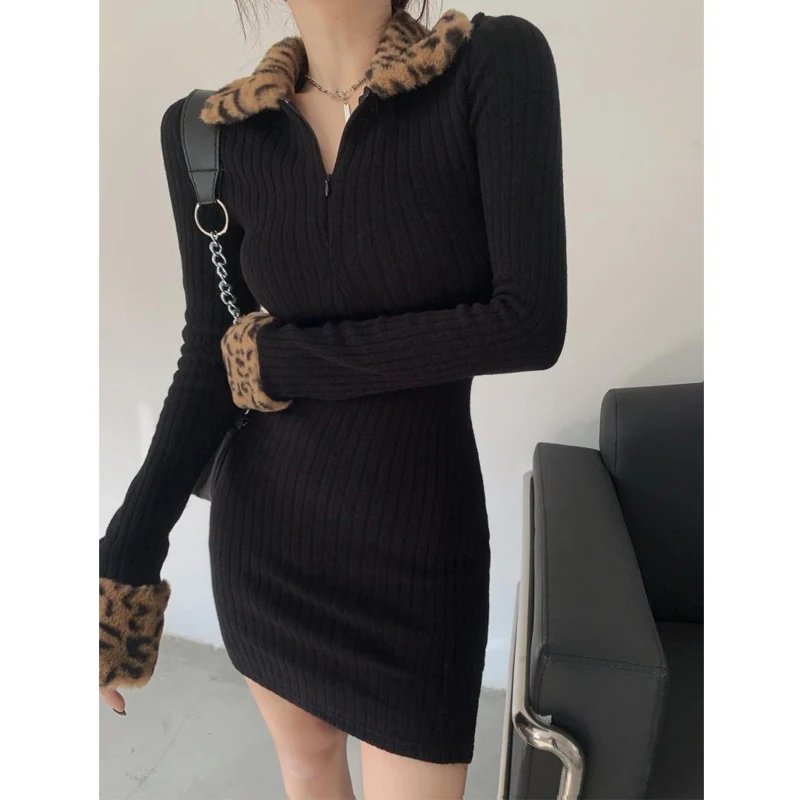 Y2K Leopard Print Mini Dress Autumn Long Sleeve Polo Neck Slim Patchwork Temperament A-line Skirt Vintage Fashion Women Clothing