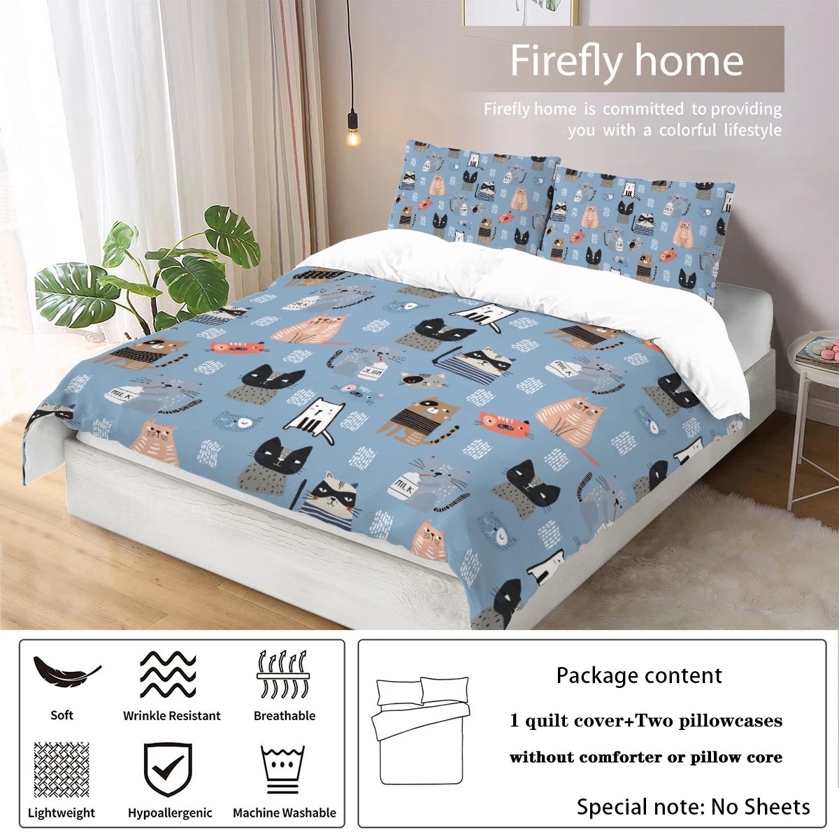 3 piece down set with blue cat pattern (1 down duvet cover+2 pillowcases, no core), comfortable bedding for children's bedroom