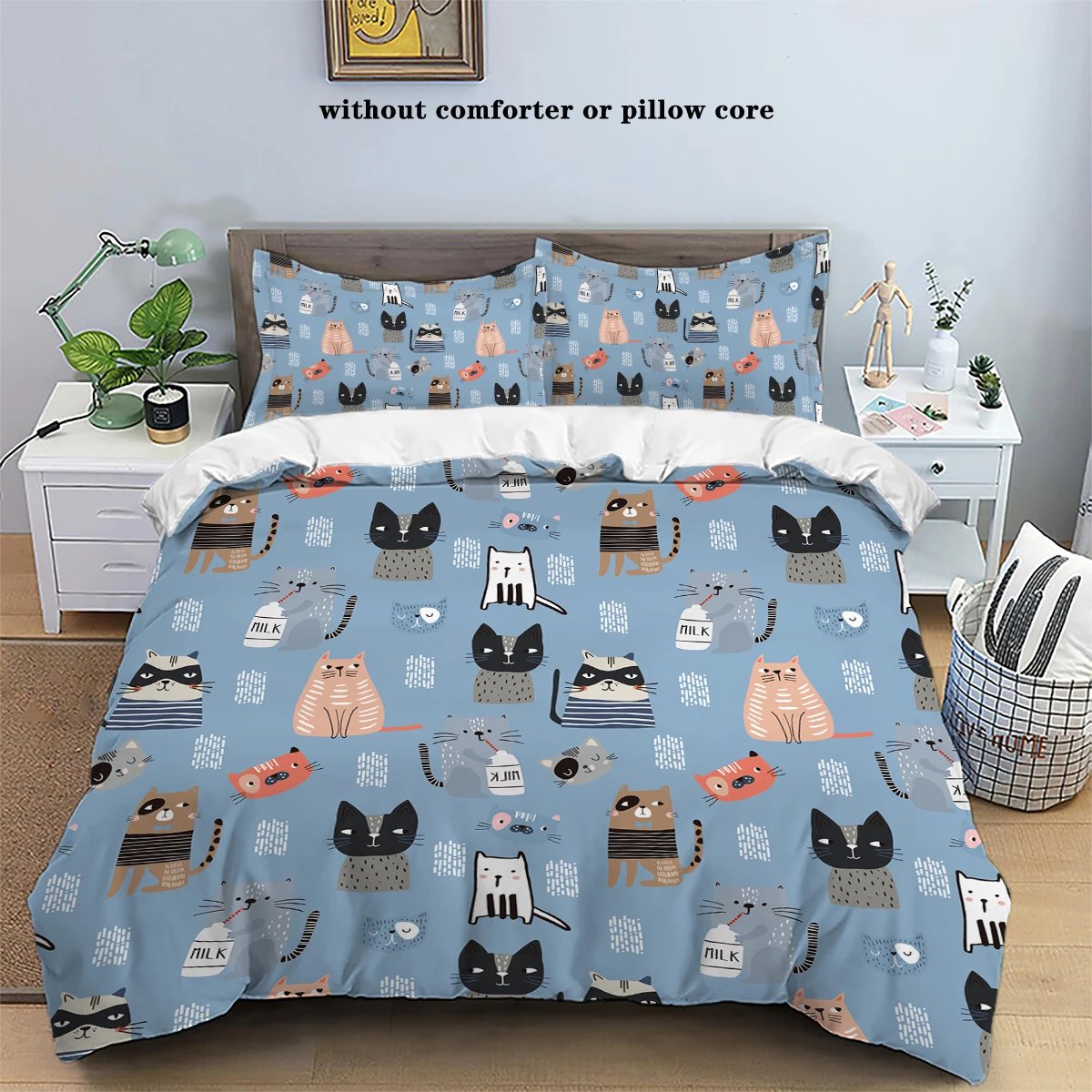 3 piece down set with blue cat pattern (1 down duvet cover+2 pillowcases, no core), comfortable bedding for children's bedroom
