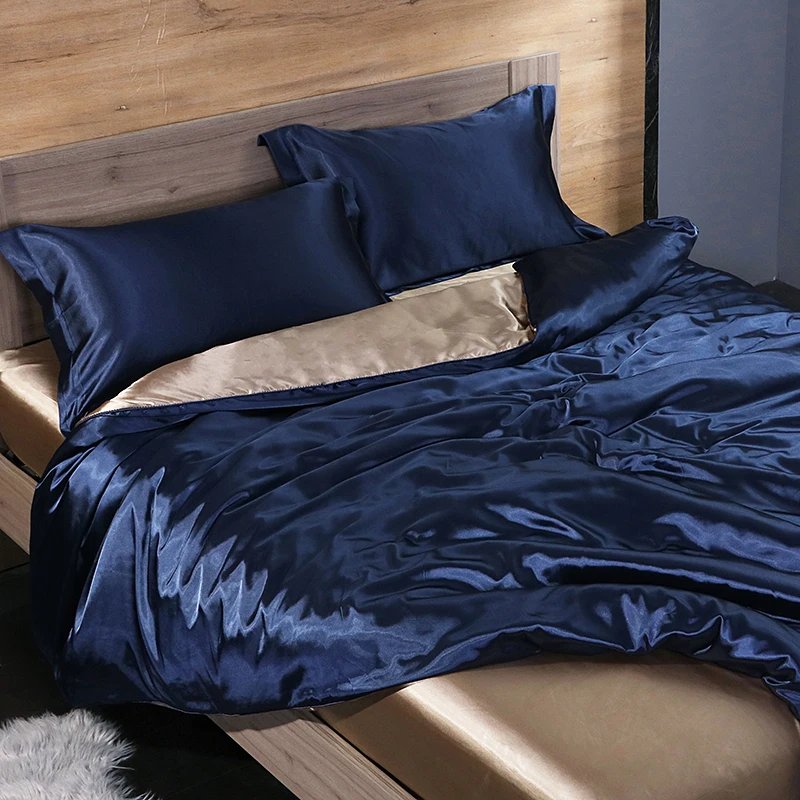 Luxury Satin  Bedding Set With Fitted Sheet Duvet Cover High End Bedding Sets High Density Satin  Solid Color Bedding